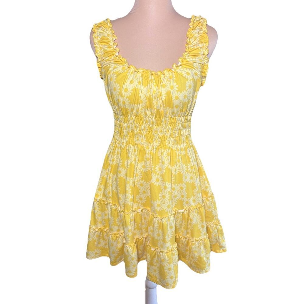Urban Outfitters Lizzy Yellow Floral Smocked Mini Dress Sz S Cottagecore Boho